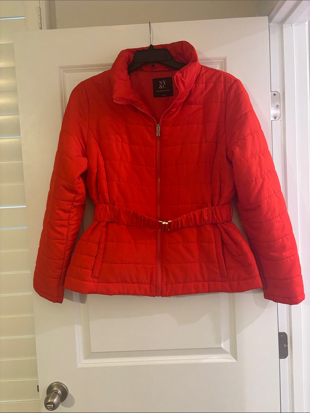 New York & Company Bright Red Quilted Belted Puffer Jacket
